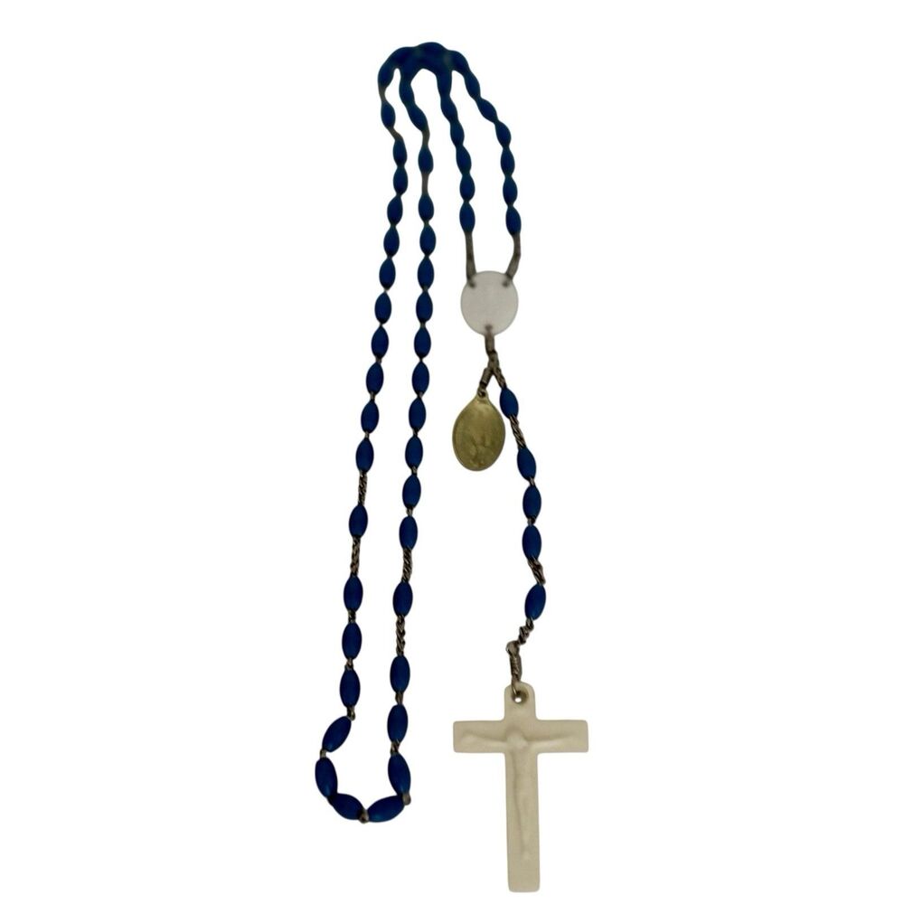 Vintage Blue Bead Catholic Rosary Oval Beads White Crucifix & Religious Medals
